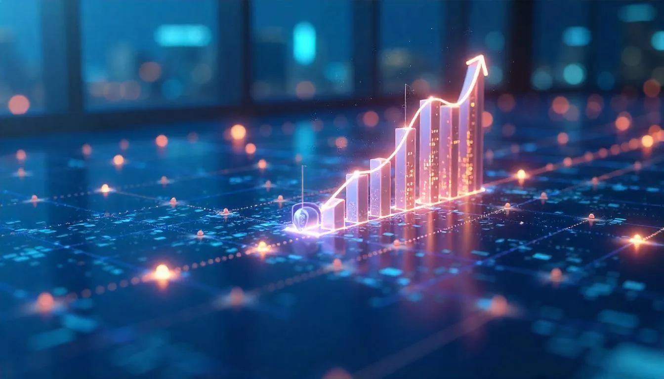 A 3D illustration of a glowing digital data stream with interconnected nodes, a shield icon for security, and an upward trend graph, set against a modern cityscape background, representing reliable data services for business efficiency, security, and growth.
