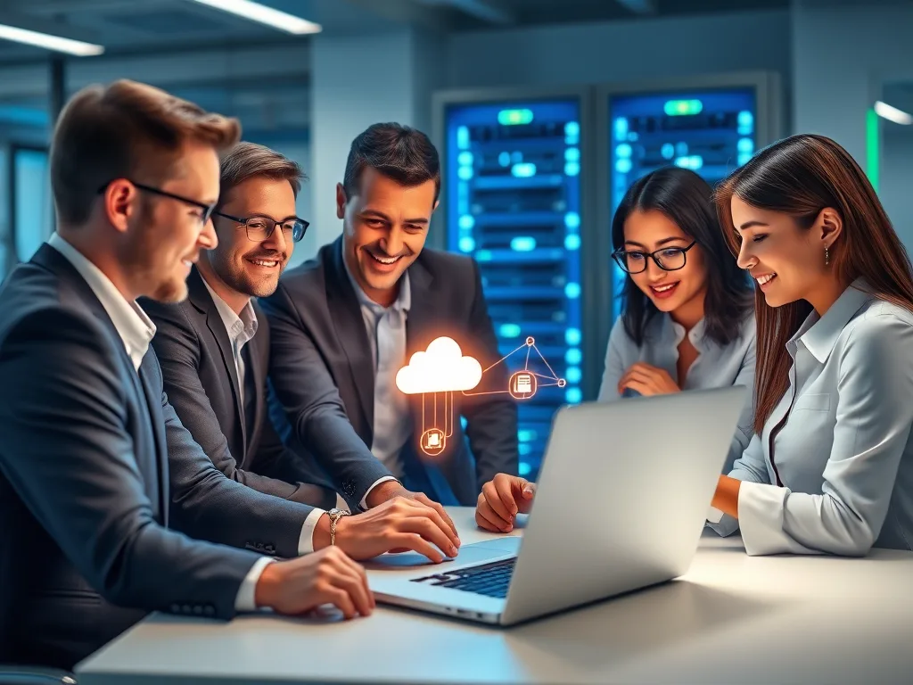 A modern office scene with a diverse team of professionals collaborating around a laptop displaying a glowing network diagram. A sleek server rack with blue lighting is visible in the background, symbolizing scalable IT infrastructure.