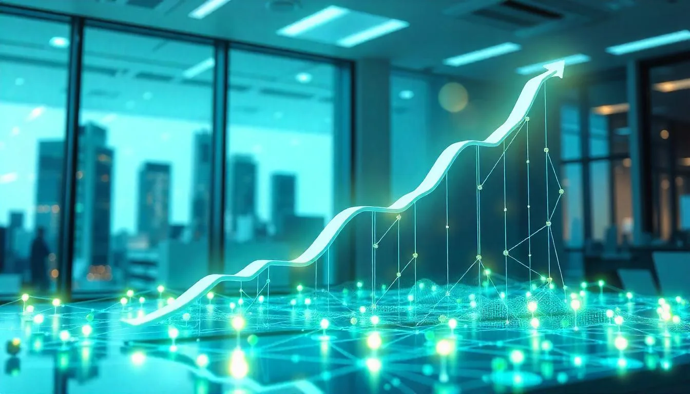 A 3D illustration of a glowing growth chart with an upward trend, surrounded by interconnected nodes and lightbulbs, set against a modern cityscape background, symbolizing business growth, innovation, and collaboration.