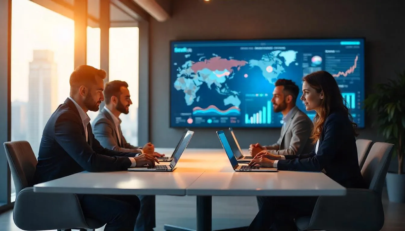 Team collaborating in a modern HR department with HR online software and analytics dashboards