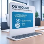 Outbound Sales Representative job advertisement on a desk at 5D Outsourcing in Maadi, Cairo, with a modern office background