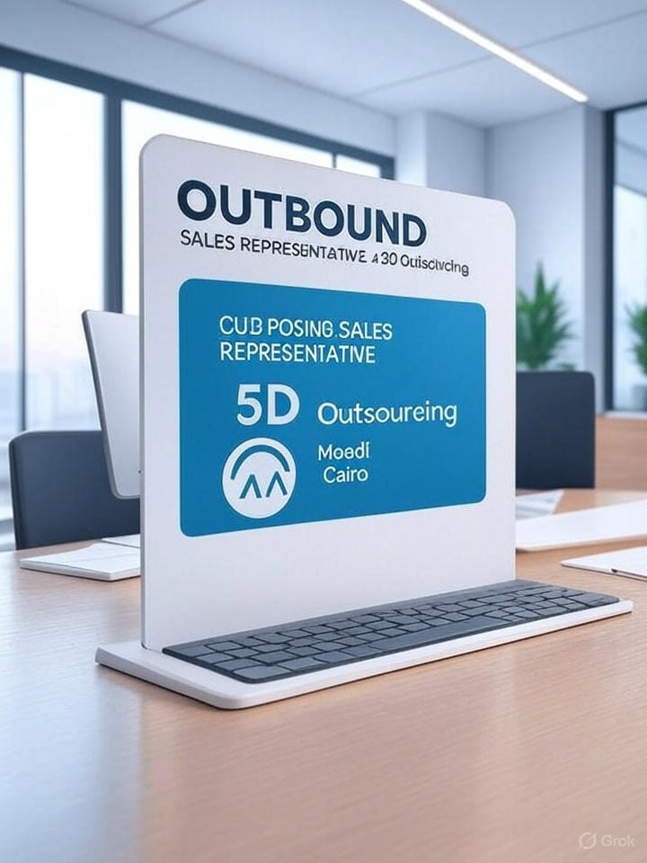 Outbound Sales Representative job advertisement on a desk at 5D Outsourcing in Maadi, Cairo, with a modern office background