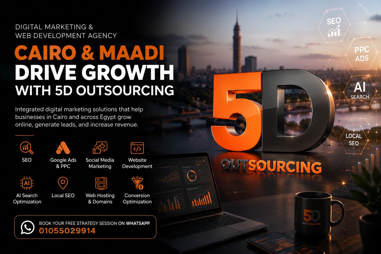 5D Outsourcing digital marketing, SEO, and web development agency in Maadi, Cairo helping businesses across Egypt grow online.
