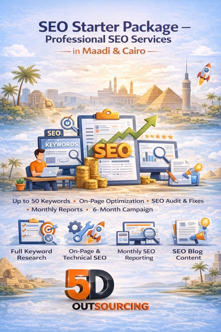 SEO Starter Package – Professional SEO Services in Maadi and Cairo by 5D Outsourcing including keyword research, on-page SEO, technical fixes, and monthly reporting