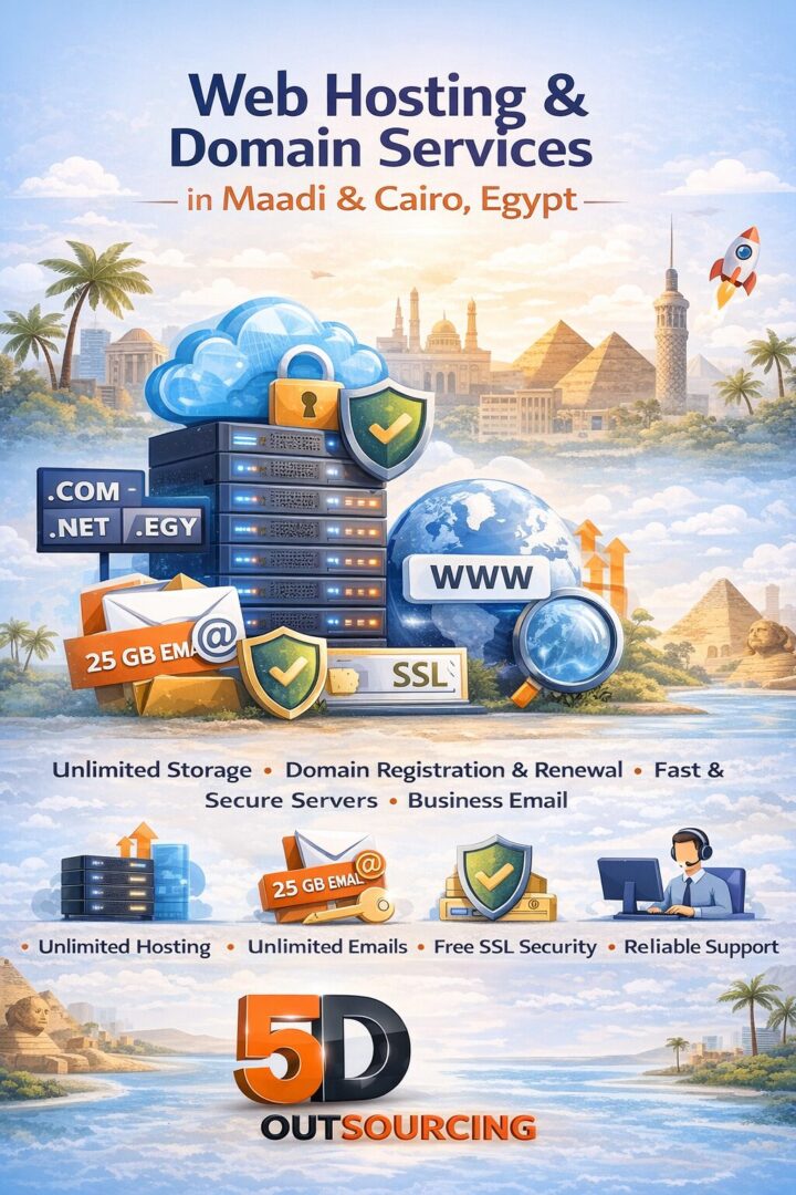 Web Hosting and Domain Services in Maadi Cairo by 5D Outsourcing – Unlimited hosting, business email, free SSL, and secure servers in Egypt