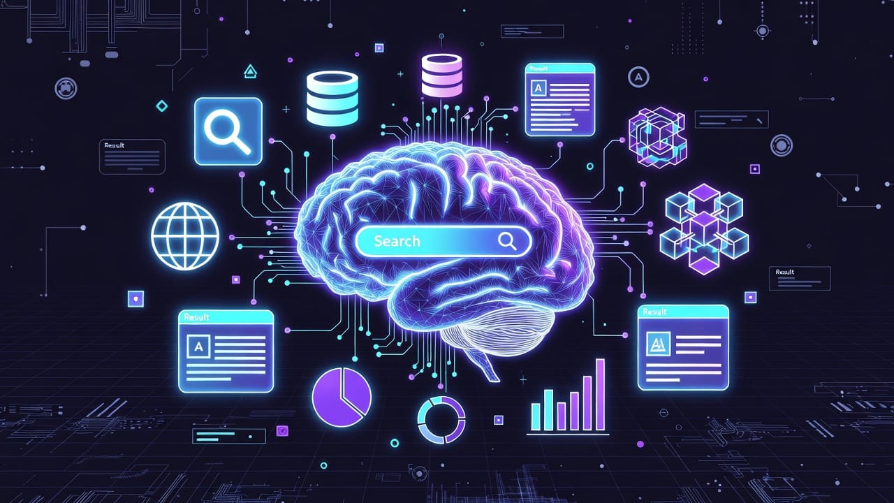 Generative Engine Optimization (GEO) concept showing AI search generating structured answers from semantic entity networks