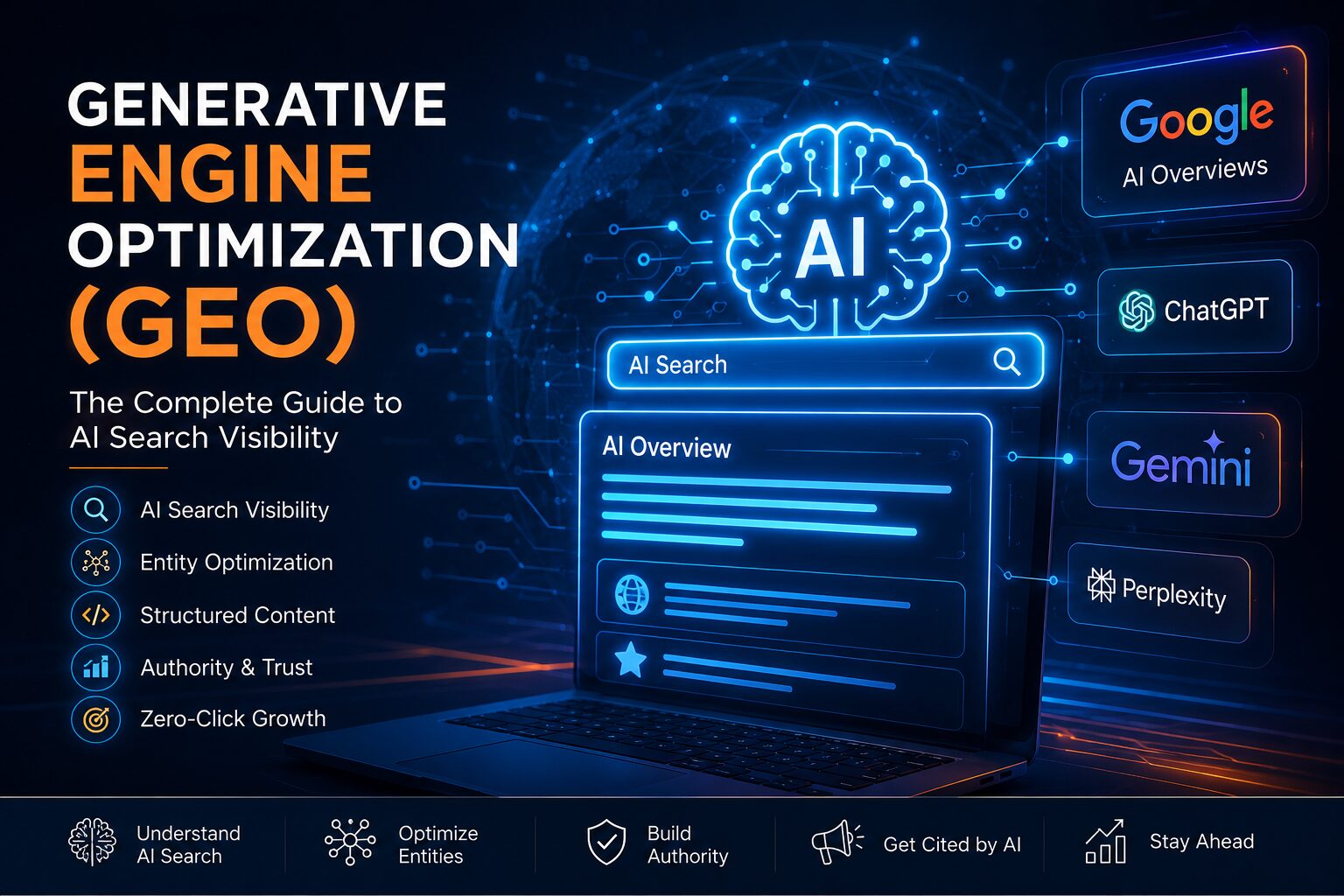 Generative Engine Optimization GEO guide for AI search visibility, Google AI Overviews, ChatGPT, Gemini, Perplexity, and AI search optimization