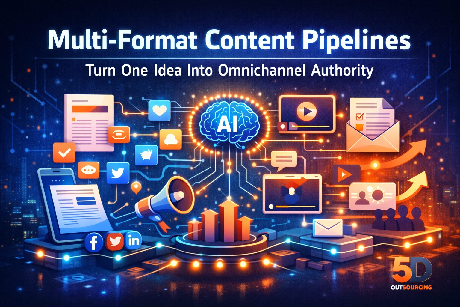 Multi-format content pipelines strategy showing AI SEO content distribution system by 5D Outsourcing in Cairo Egypt