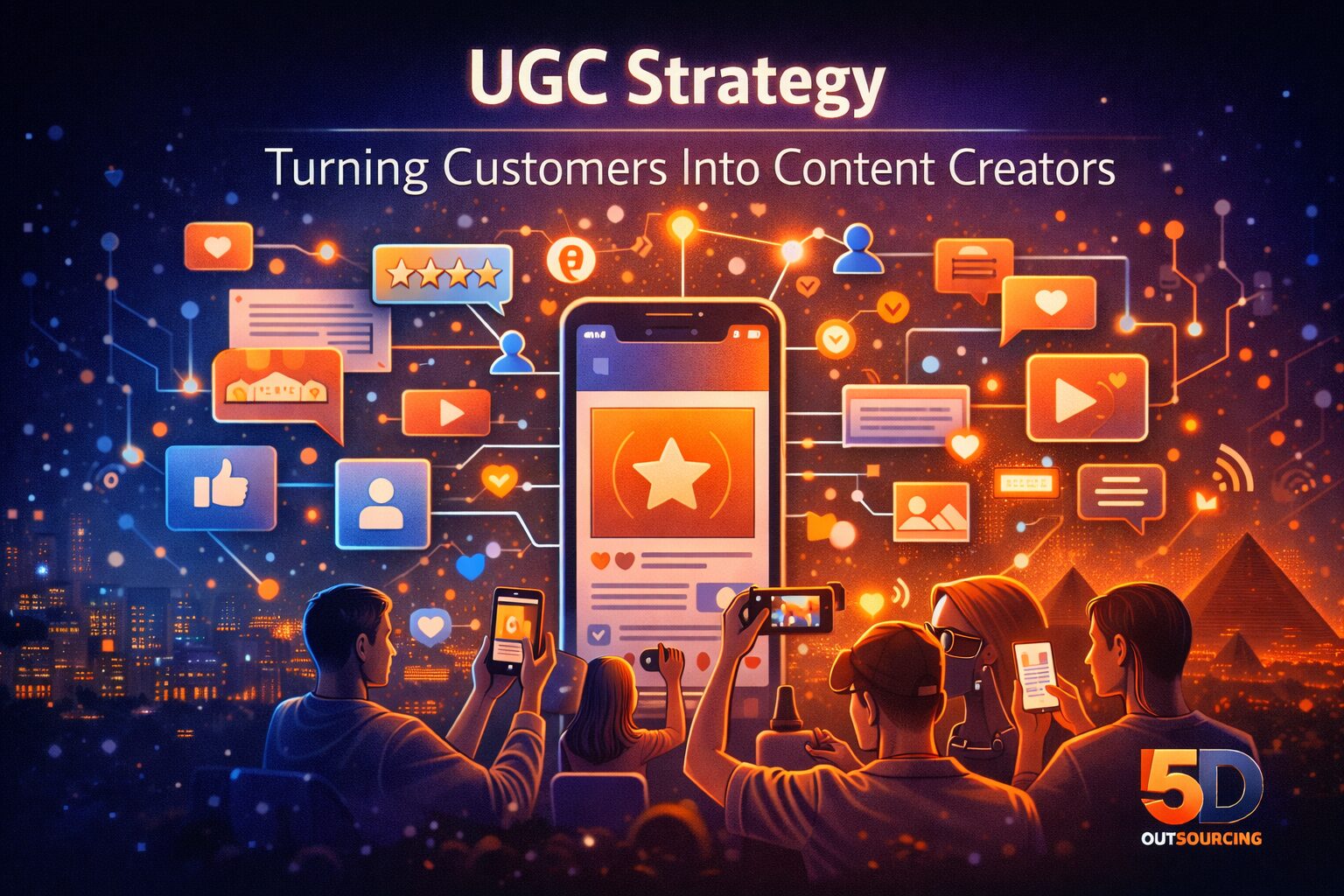 ugc strategy illustration showing customers creating brand content and community engagement for digital marketing