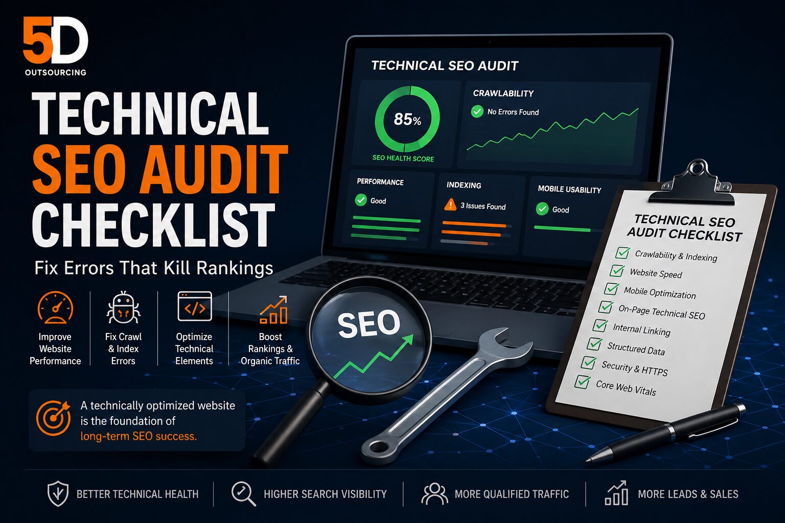 technical SEO audit checklist showing website optimization, speed performance, indexing, and search engine ranking improvements