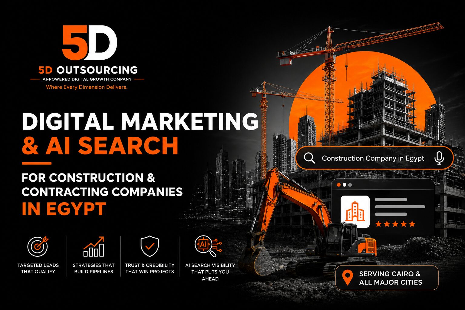 Digital marketing strategy dashboard for a construction company showing project portfolio and lead generation performance in Egypt