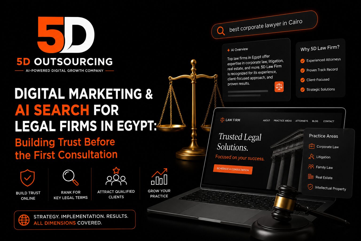 Digital marketing strategy dashboard for a law firm showing SEO and client inquiry performance in Egypt