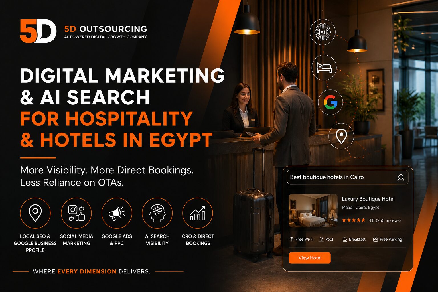 Digital marketing and AI search strategy for hospitality businesses and hotels in Egypt by 5D Outsourcing