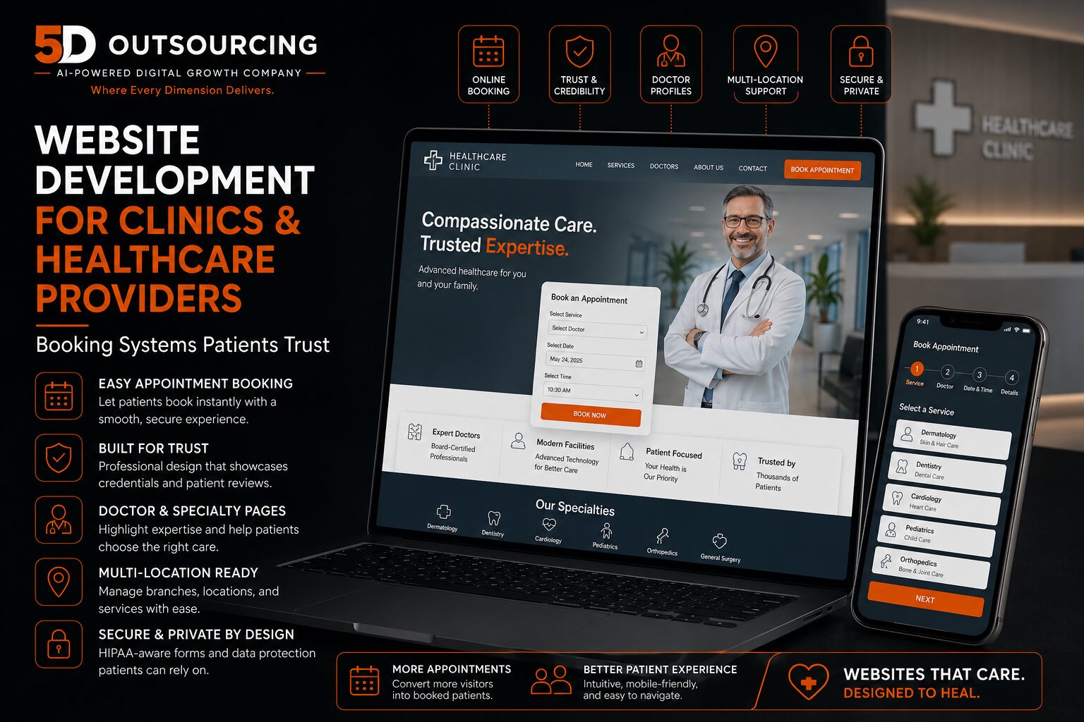 Healthcare clinic website with appointment booking and practitioner profile pages built by 5D Outsourcing in Egypt