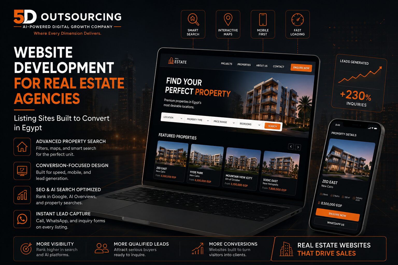 Real estate property listing website with search filters and map view built by 5D Outsourcing in Egypt