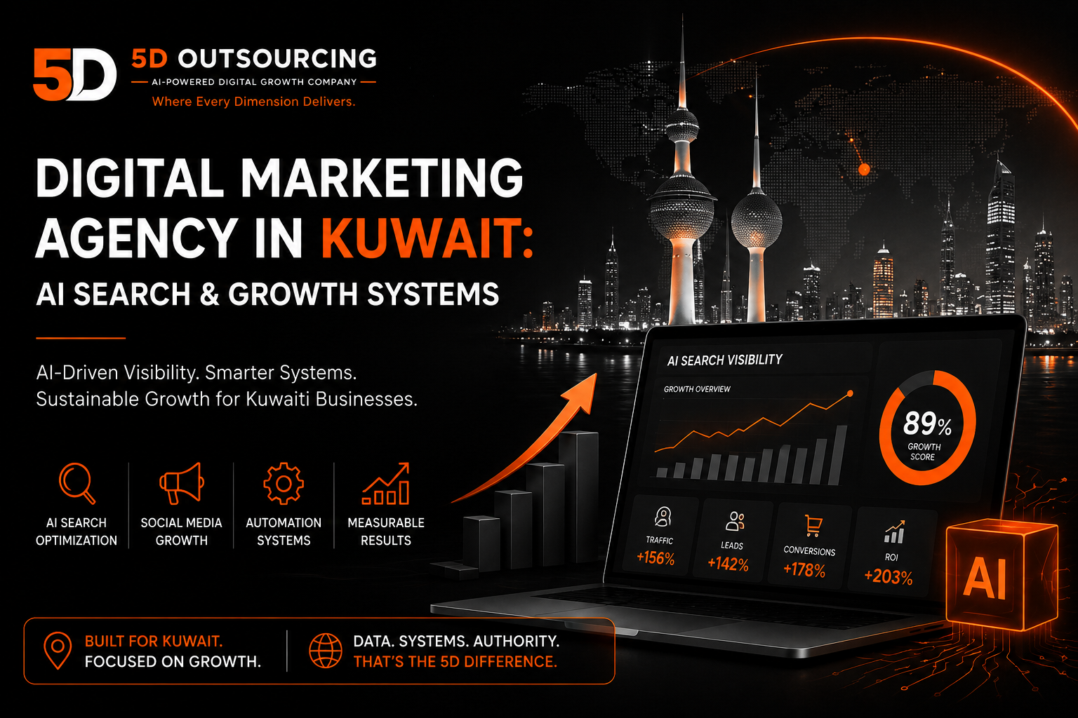 Digital marketing and AI Search growth strategy dashboard for a business operating in Kuwait