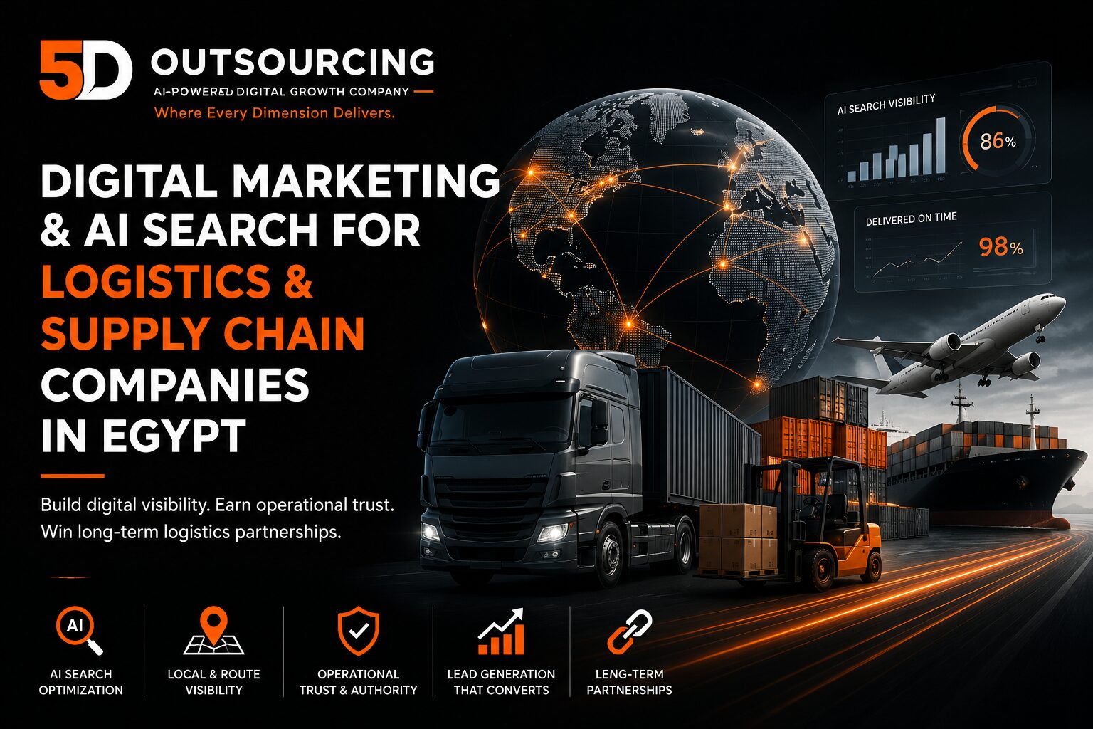 Digital marketing strategy dashboard for a logistics company showing route coverage and lead generation performance in Egypt