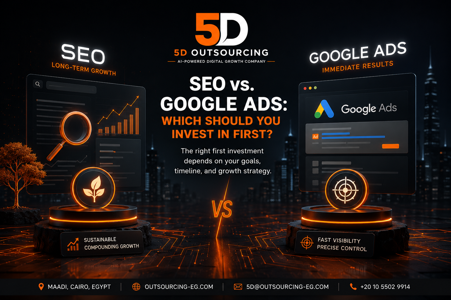 Comparison chart showing SEO versus Google Ads speed, cost, and long-term value for businesses in Egypt