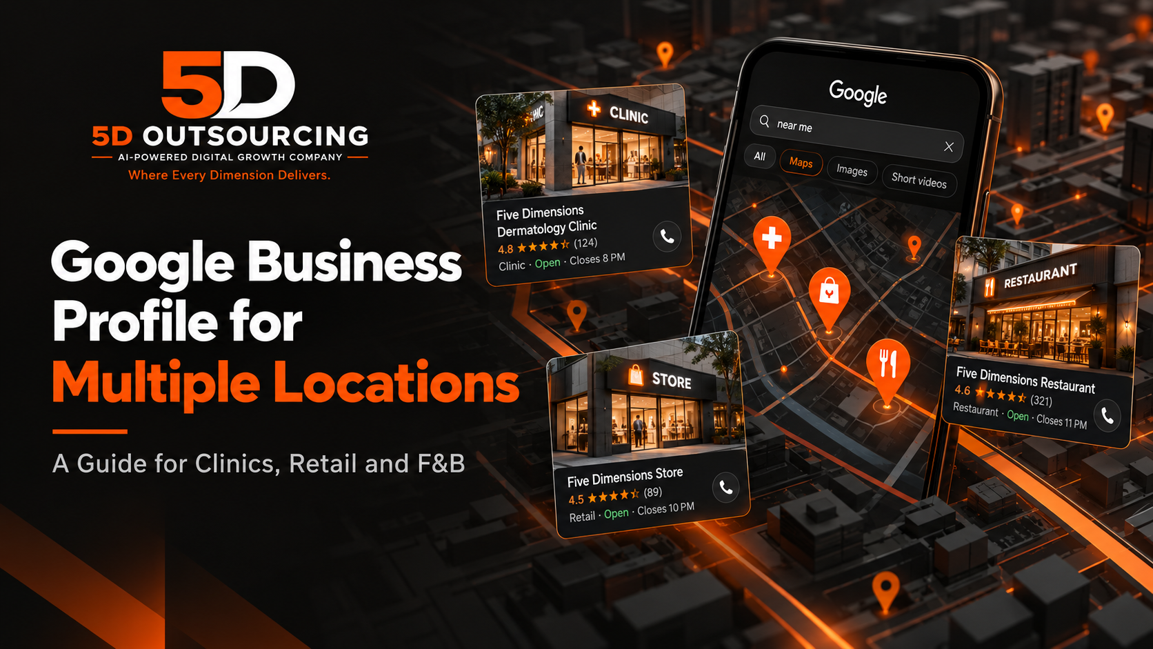 Illustration of several branch locations of a business connected to Google Business Profile listings on a map, for clinics, retail stores and restaurants